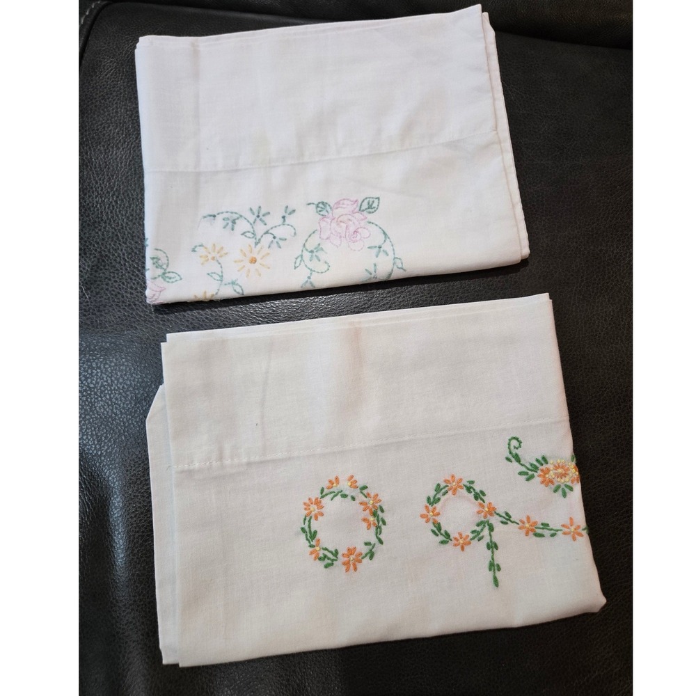 Vintage Pillowcases Mismatched Pair - Flowers Embroidery Edge